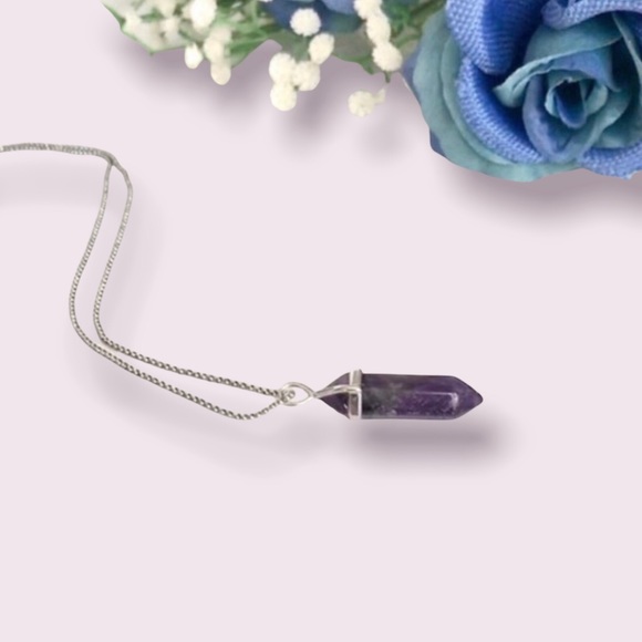 Sold/ Natural Amethyst Crystal Point Pendant with Chain - Picture 4 of 6